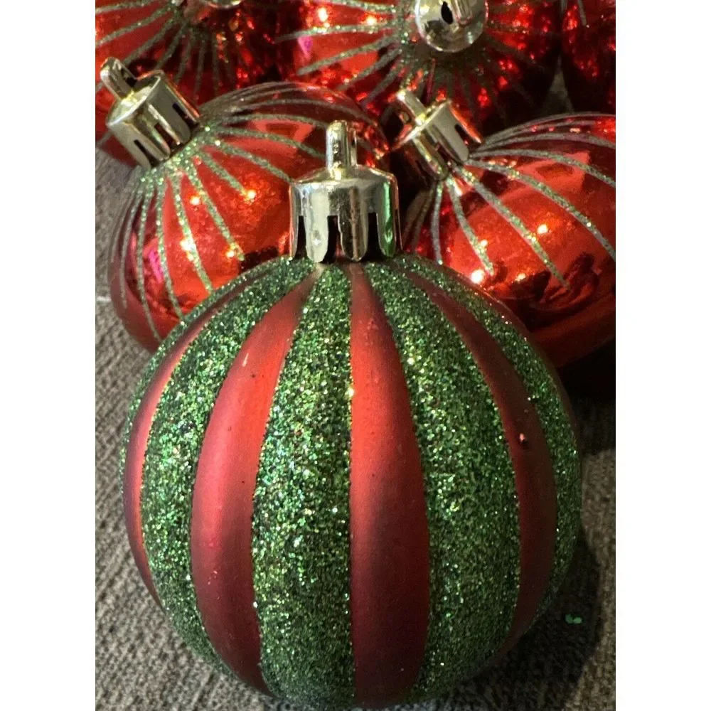 17 Retro Round/Top Shape‎ Red &  Green Glitter Shatterproof Christmas Ornaments